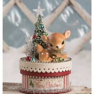 New Bethany Lowe Merry & Bright Deer On Box Retro Style Christmas Decor Figure